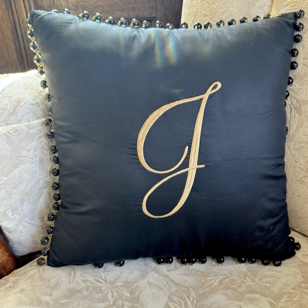 Decorative‎ GOLD "J" Satin Pillow Monogram Black & Gold Beads 12x12"